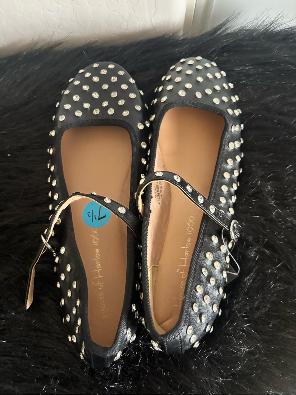 NWT House of Harlow Black Studded rhinestone Mary Jane Flats, Size 7.5 - Picture 4 of 6